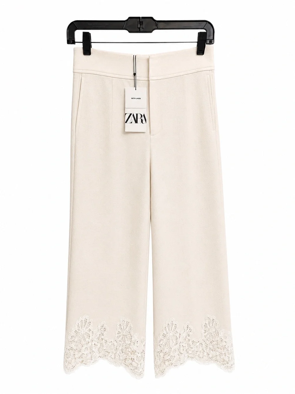 NWT ZARA Wide Leg Pants Lace Trim Cotton Linen Small LIMITED EDITION Ivory